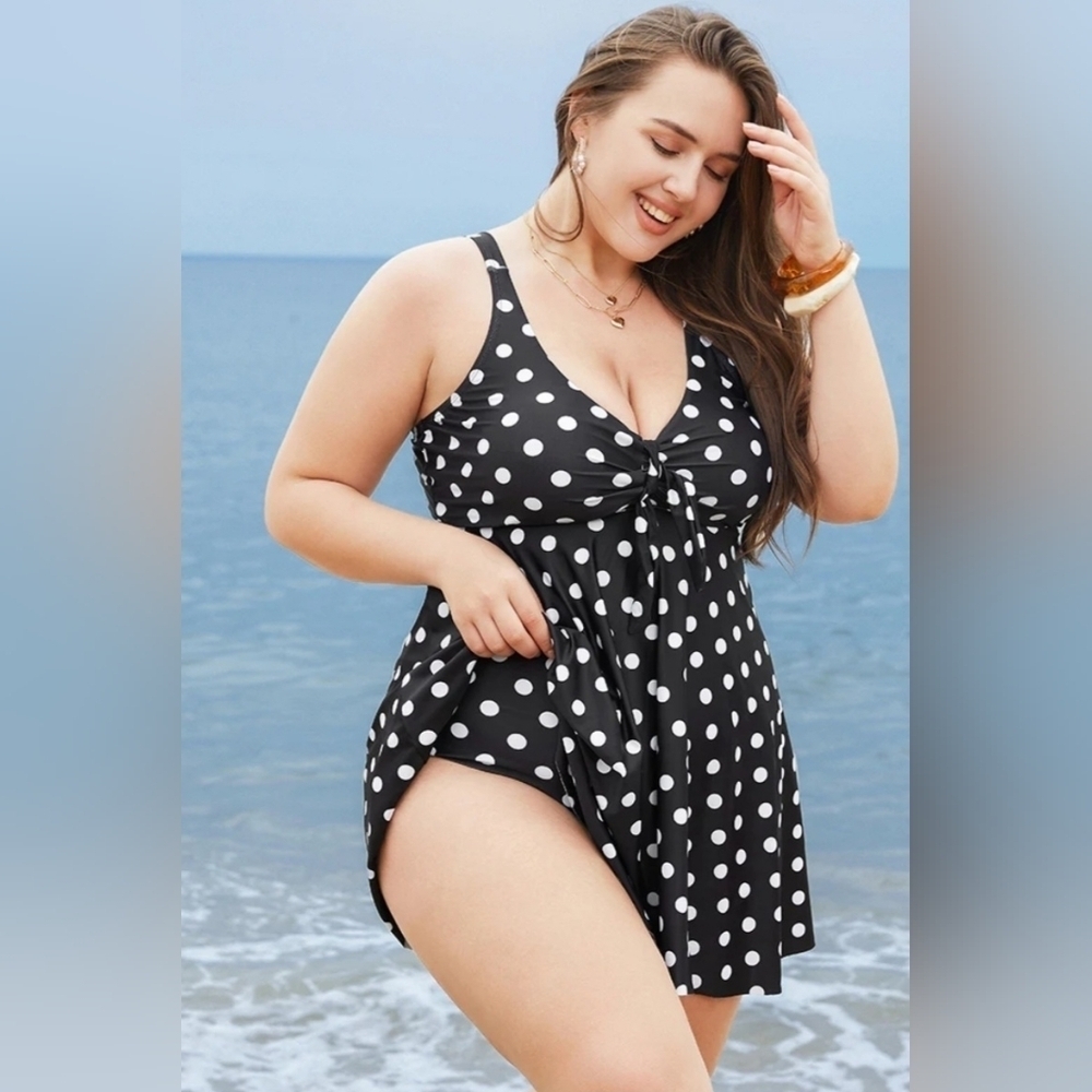 BloomChic Polka Dot Twist Front Adjustable Straps Swim Dress - Picture 5 of 8